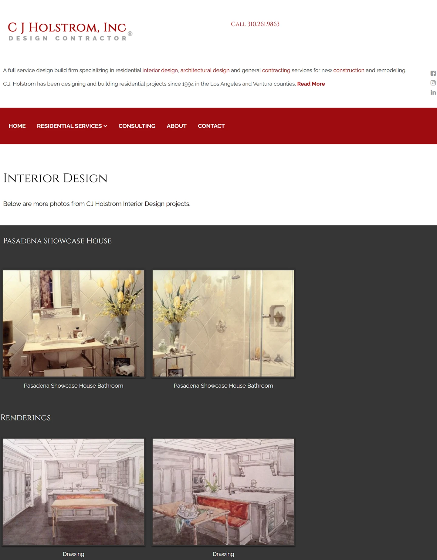 The C.J. Holstrom Interior Design page as it is today: their masthead, dark red navigation, and a portfolio of Pasadena Showcase House photographs and renderings