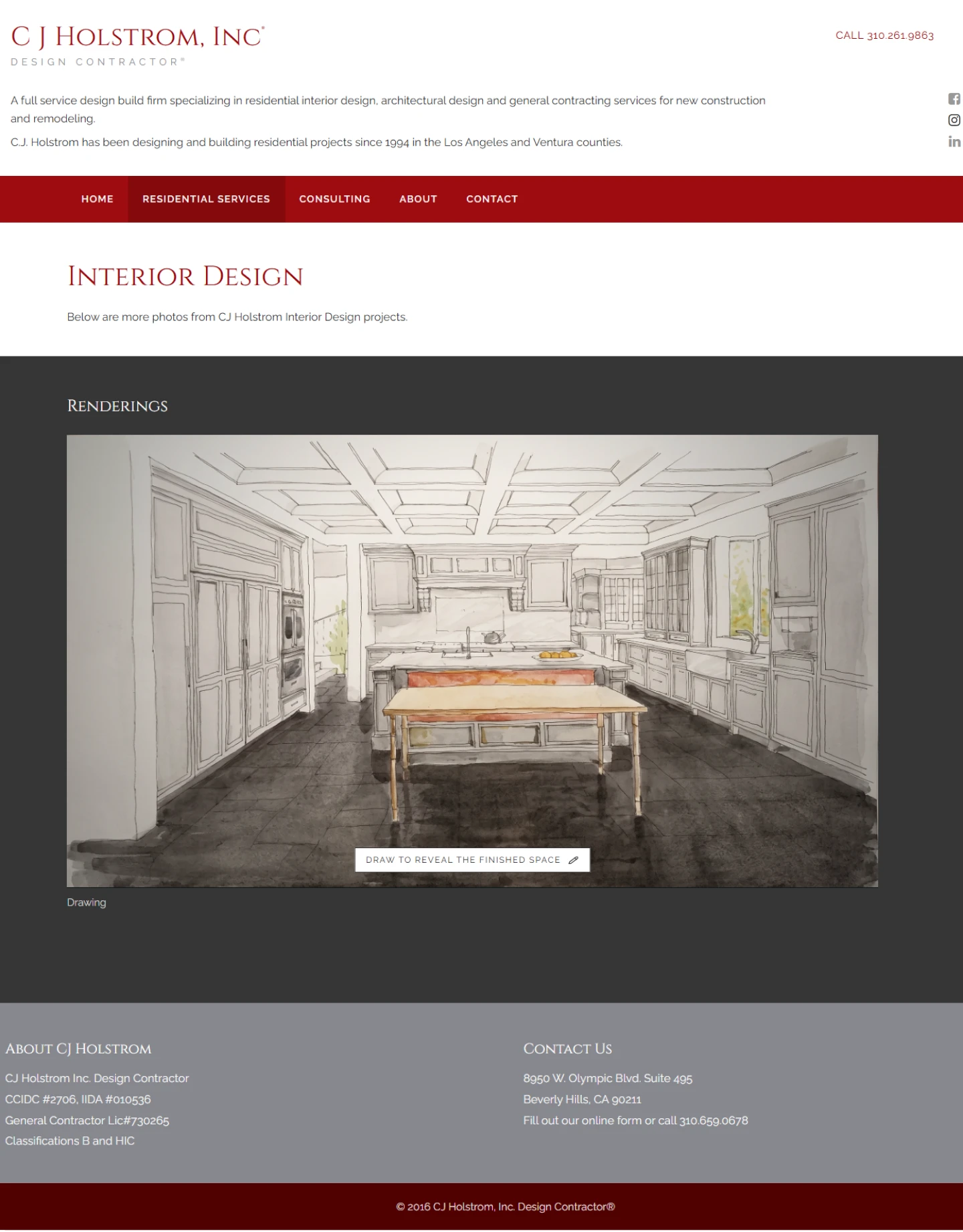 The same C.J. Holstrom Interior Design page with the RevealCraft interactive module inside the Renderings section: the kitchen rendering resolving into the finished interior, with their masthead, navigation and portfolio band unchanged