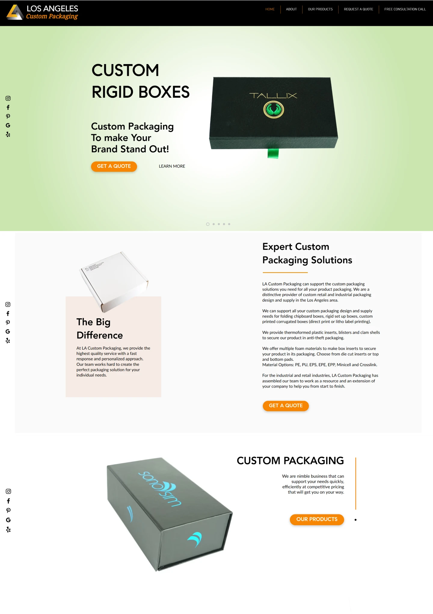 The current LA Custom Packaging homepage: navigation, and a hero carousel headed Custom Rigid Boxes with a photograph of a black box.