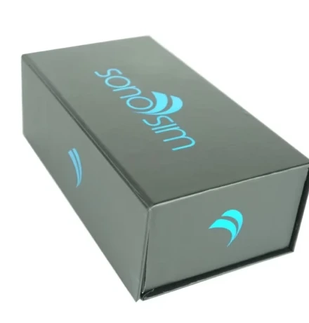 A gray magnetic-closure rigid box from the LA Custom Packaging homepage.