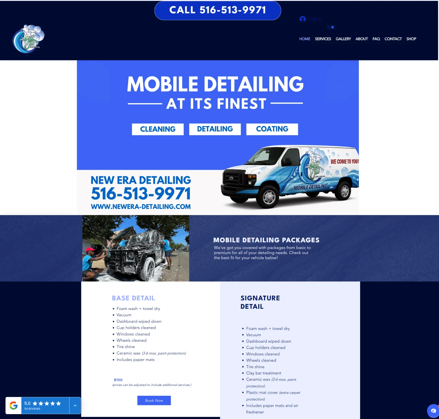 The current New Era Mobile Auto Spa homepage: the navy masthead and navigation, the Mobile Detailing At Its Finest hero with their service van, and the Mobile Detailing Packages section with the Base and Signature panels below it