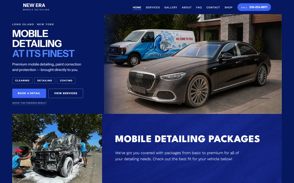 The New Era Mobile Auto Spa homepage with the RevealCraft hero mid-reveal: the rear half of the car wiped to a polished black finish, the front half still dulled by dust, beside their headline and navigation