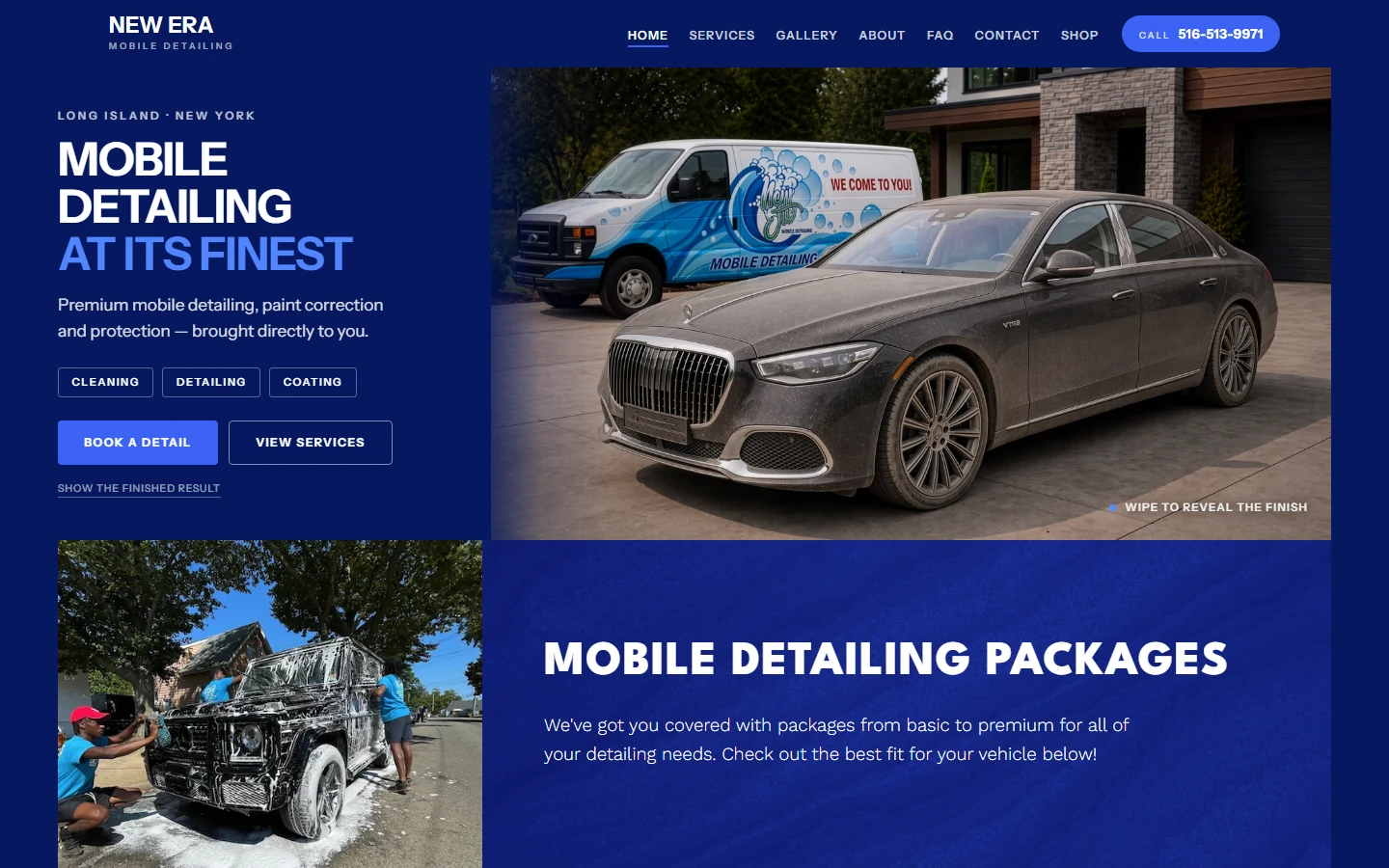 The New Era Mobile Auto Spa homepage with the RevealCraft interactive hero integrated: their masthead and navigation above, the reveal stage beside the headline, and their detailing packages below