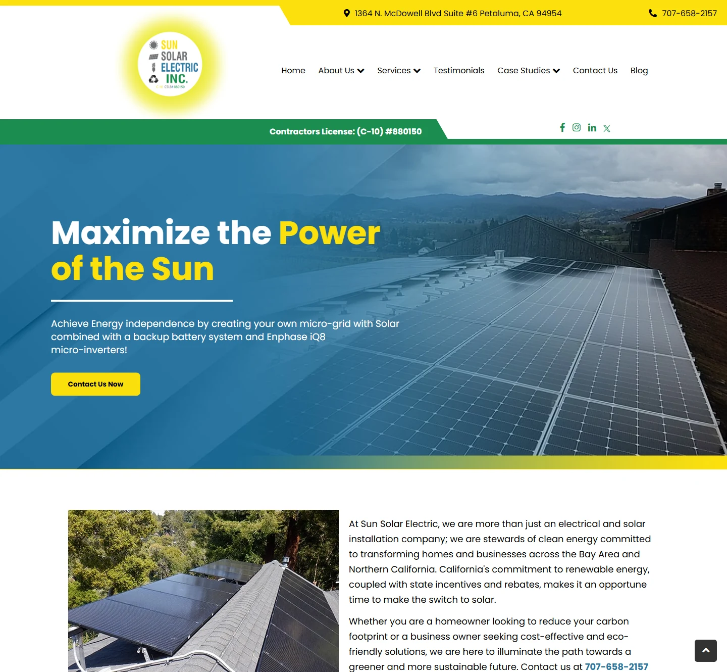 The Sun Solar Electric homepage as it is today: their yellow contact strip, masthead, green license bar and a static hero photograph of an installed array