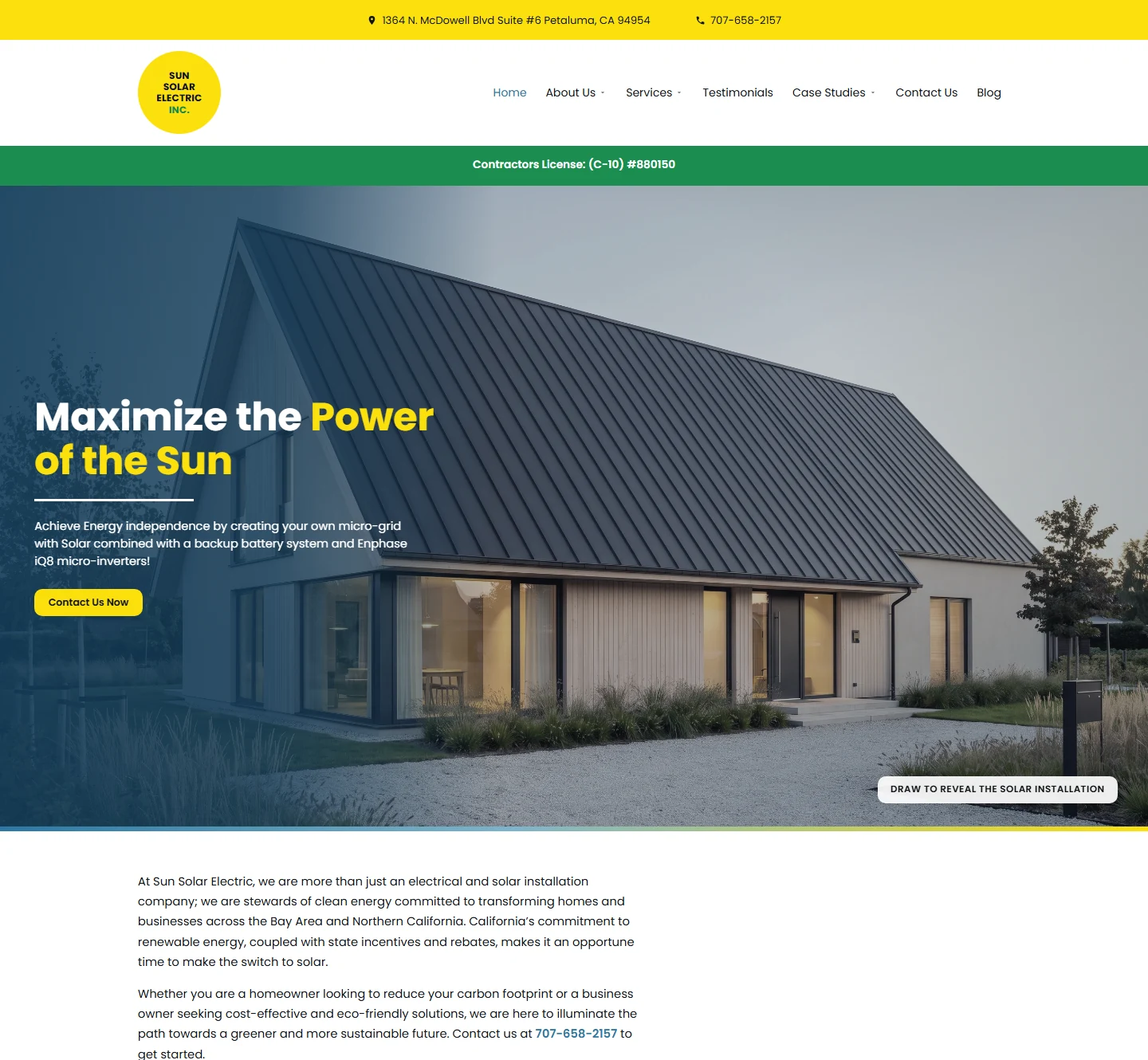 The same Sun Solar Electric homepage with the RevealCraft interactive hero in place of the static photograph: a bare residential roof the visitor upgrades to a finished solar array, with their contact strip, masthead and license bar unchanged