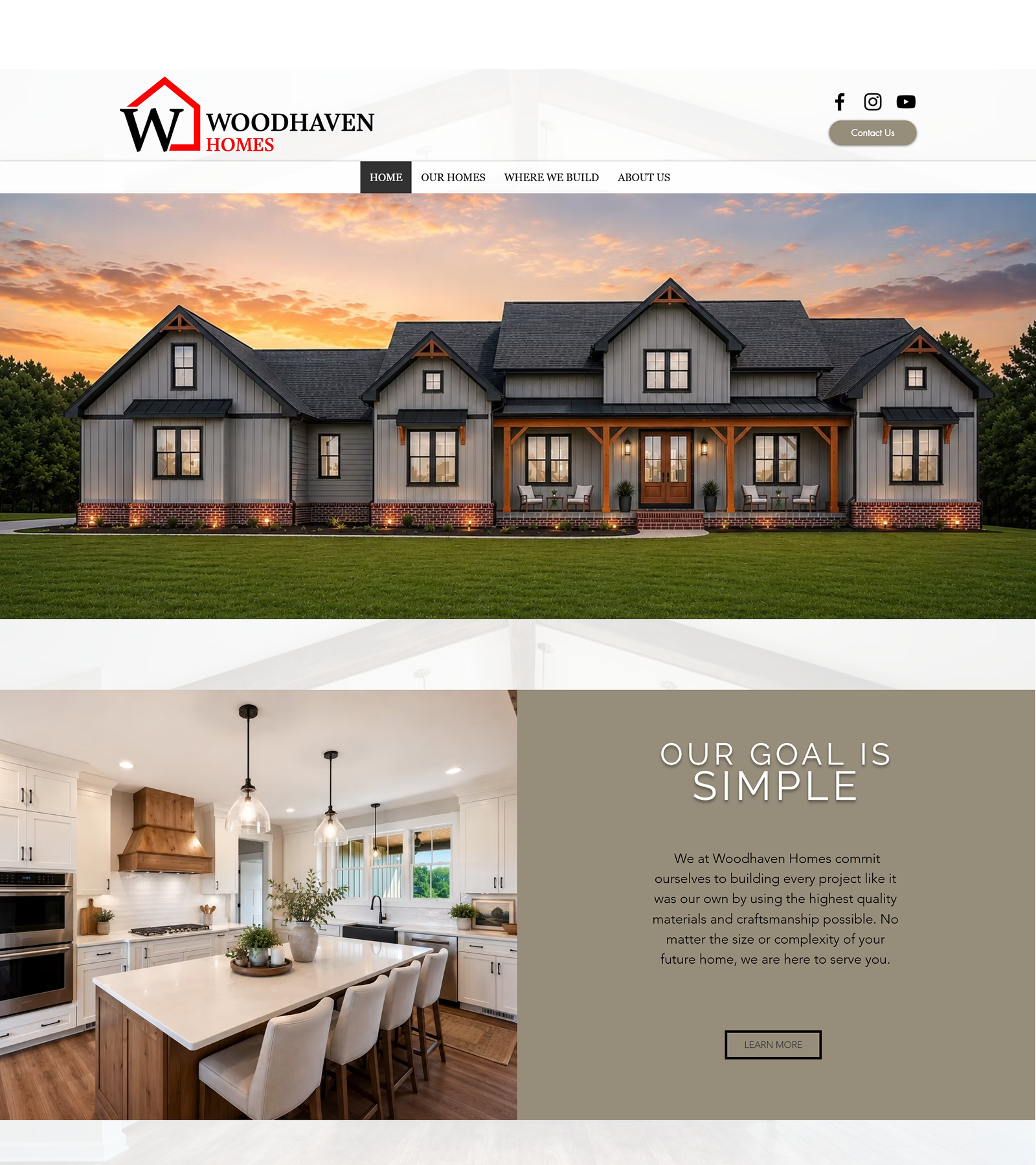 The Woodhaven Homes homepage as it is today: their logo and navigation, a photographic hero, and the Our Goal Is Simple section below it