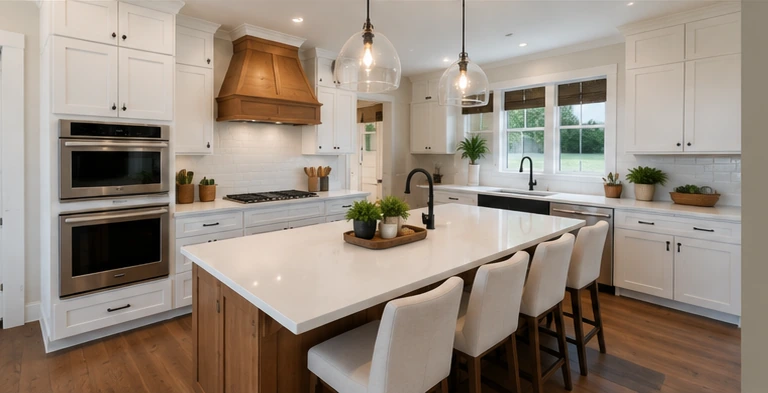 The kitchen and great room of a completed Woodhaven home