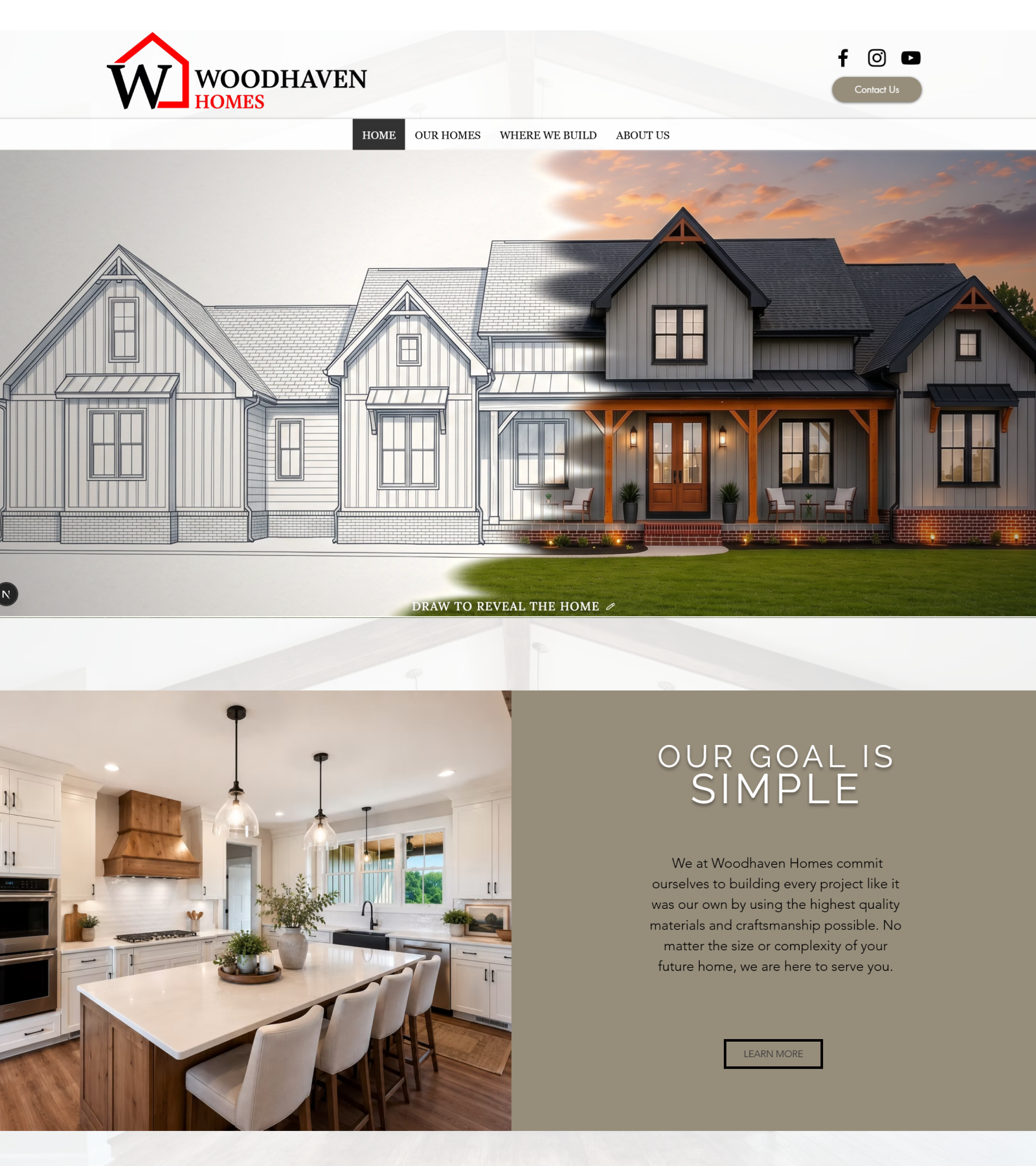 The same Woodhaven Homes homepage with the RevealCraft interactive hero in place of the photograph: an architectural elevation resolving into the finished house, with their navigation above and Our Goal Is Simple below