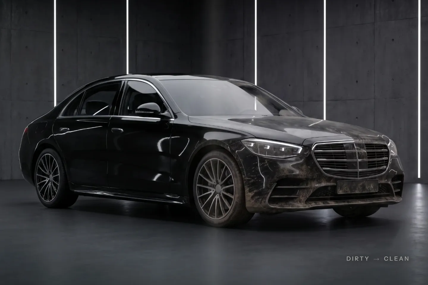 A RevealCraft transformation in progress: a black sedan wiped from dusty to polished, part of a short reel that also turns an architectural blueprint into a finished house and a plain package into a branded one
