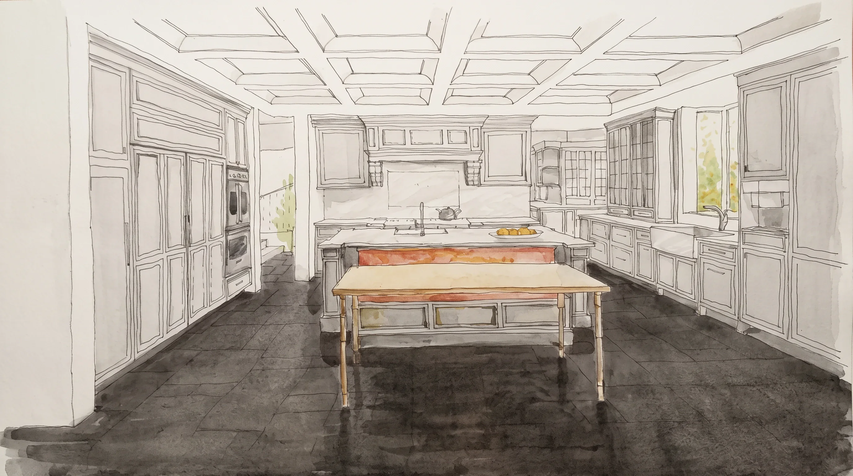 A hand-drawn interior rendering of a kitchen.