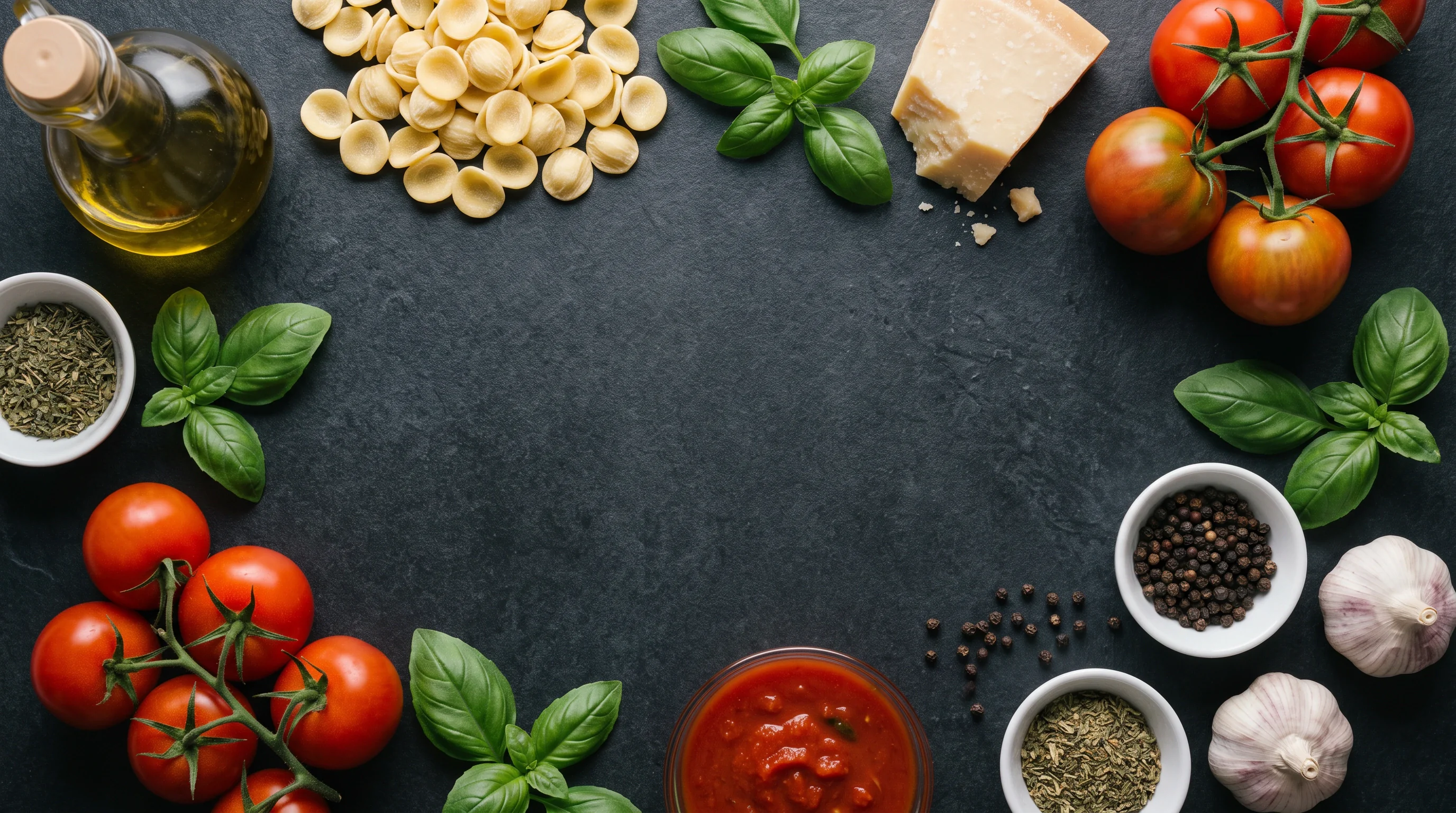 Ingredients laid out around an empty slate worktop.