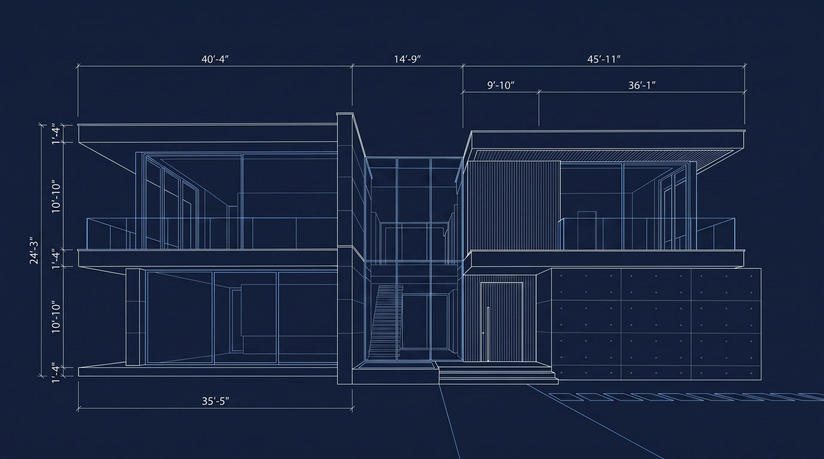 An architectural blueprint elevation of a modern villa.