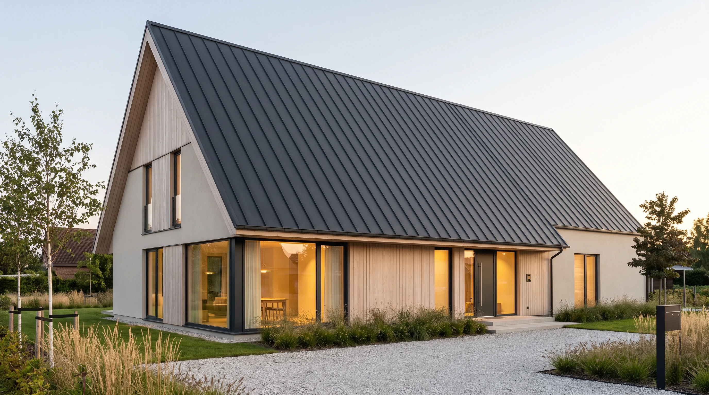 A modern timber house with a bare standing-seam roof.