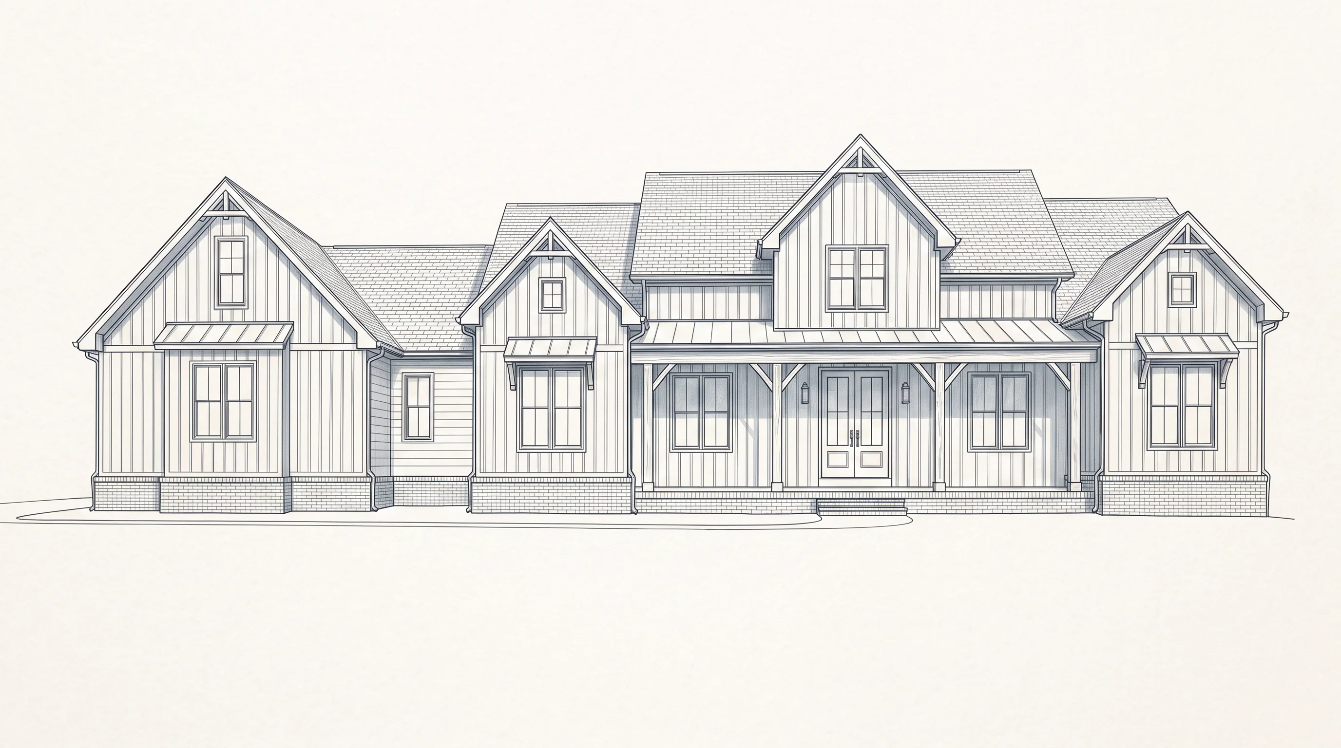 An architectural front elevation of a custom home, drawn on warm paper.